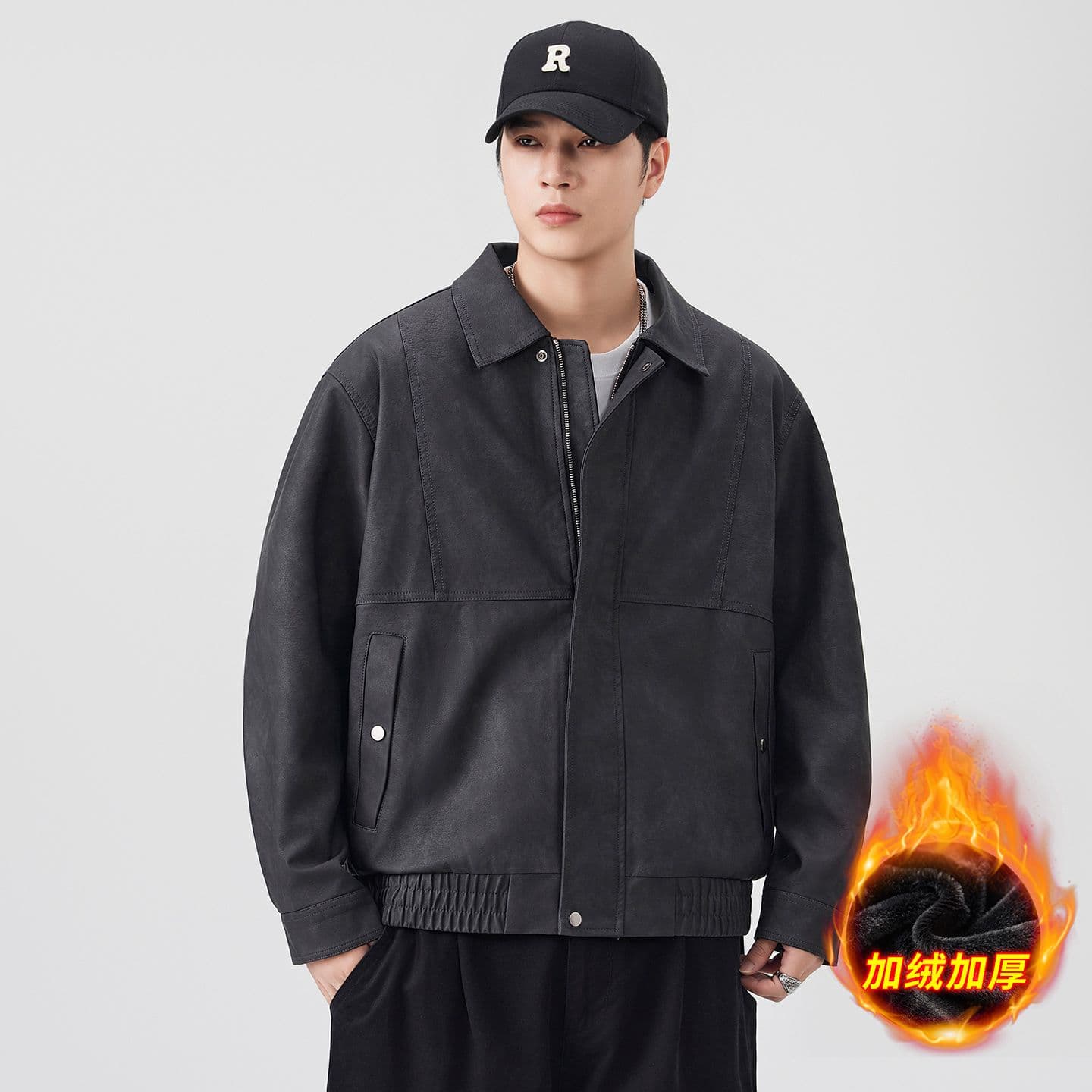 겨울 두꺼운 보온 아메리칸 레트로 가죽 재킷 네리 털이 있는 감기 예방 재킷 남자 고급 센스 워싱 PU 가죽 이미지 5