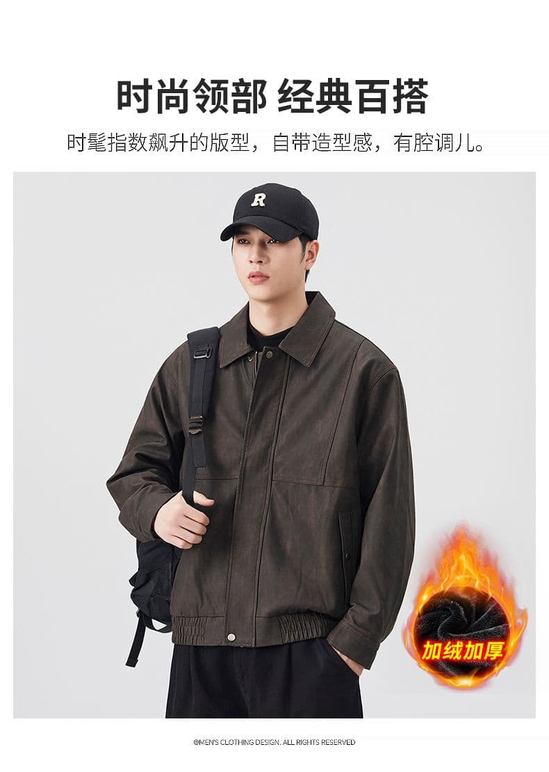 겨울 두꺼운 보온 아메리칸 레트로 가죽 재킷 네리 털이 있는 감기 예방 재킷 남자 고급 센스 워싱 PU 가죽 상세 이미지 2