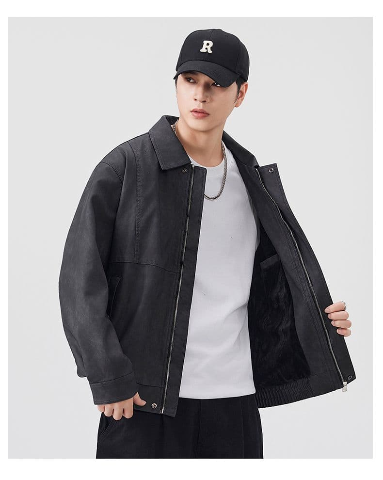 겨울 두꺼운 보온 아메리칸 레트로 가죽 재킷 네리 털이 있는 감기 예방 재킷 남자 고급 센스 워싱 PU 가죽 상세 이미지 20
