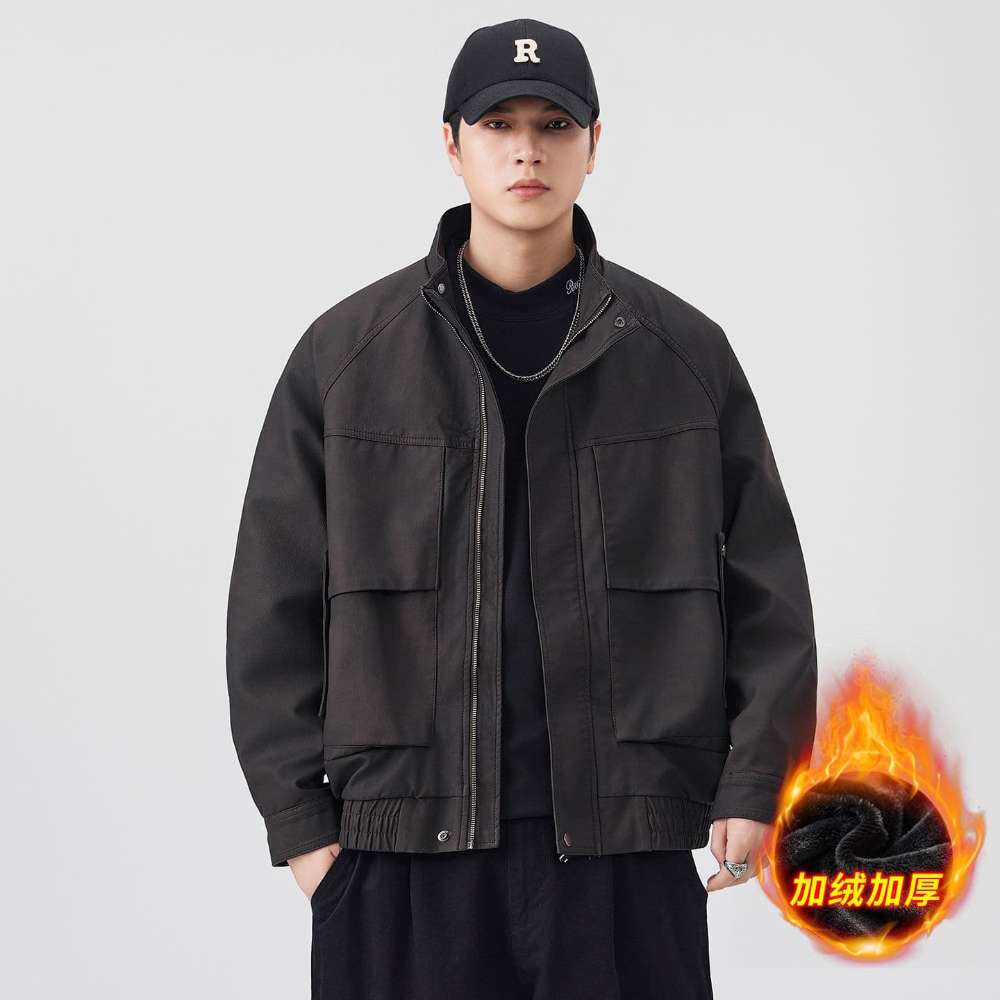 겨울 두꺼운 보온 pu 가죽 재킷 남자 스탠드 칼라 재킷 네리 털이 있는 감기 예방 야외 조수 브랜드 워크웨어 오토바이 재킷 이미지 4