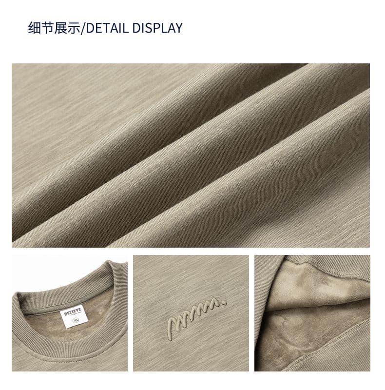 털이 있고 두꺼운 보온 감기 예방 라운드 넥 후드티 남자 미니멀리즘 자수 레트로 트렌드 루즈핏 기본 셔츠 상세 이미지 2