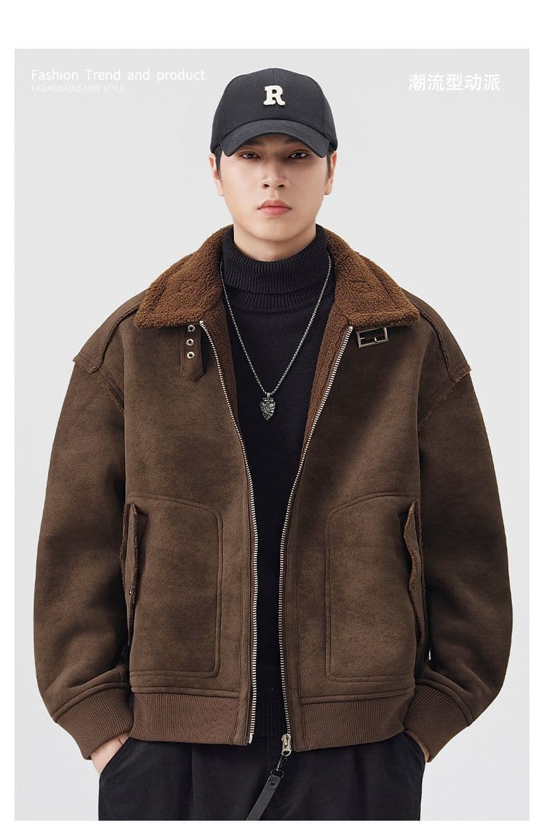 겨울 새로운 면 옷 남성 일본식 레트로 스탠드 칼라 루즈핏 양털 피모 하나 면 의류 재킷 상세 이미지 1