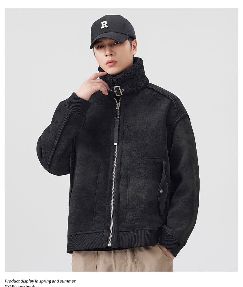 겨울 새로운 면 옷 남성 일본식 레트로 스탠드 칼라 루즈핏 양털 피모 하나 면 의류 재킷 상세 이미지 13