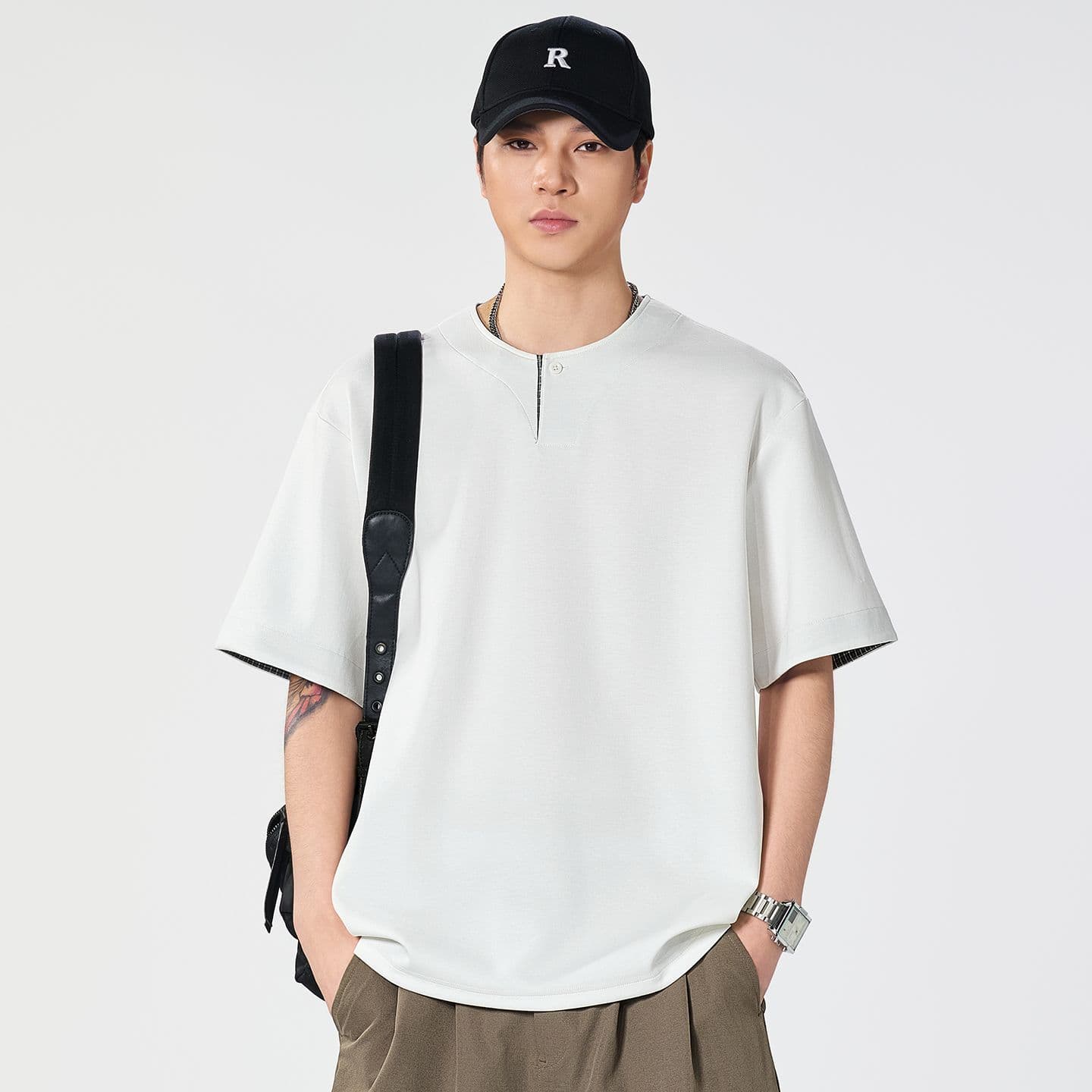 실사 2026 여름 새로운 단추 반팔 티셔츠 남자 일본식 레트로 다용도 트렌드 5 점 소매 티셔츠 기본 셔츠 이미지 3
