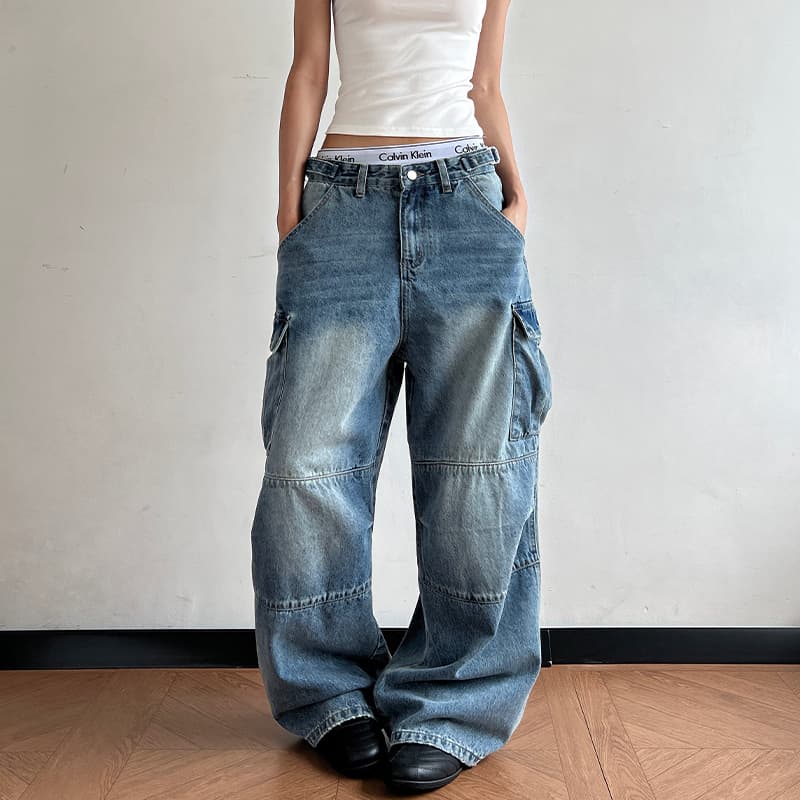 2026 새로운 레트로 블루 워싱 vintage 거리 꼬집기 Pleat 무거운 작업 디자인 넓은 다리 루즈핏 워크웨어 청바지
