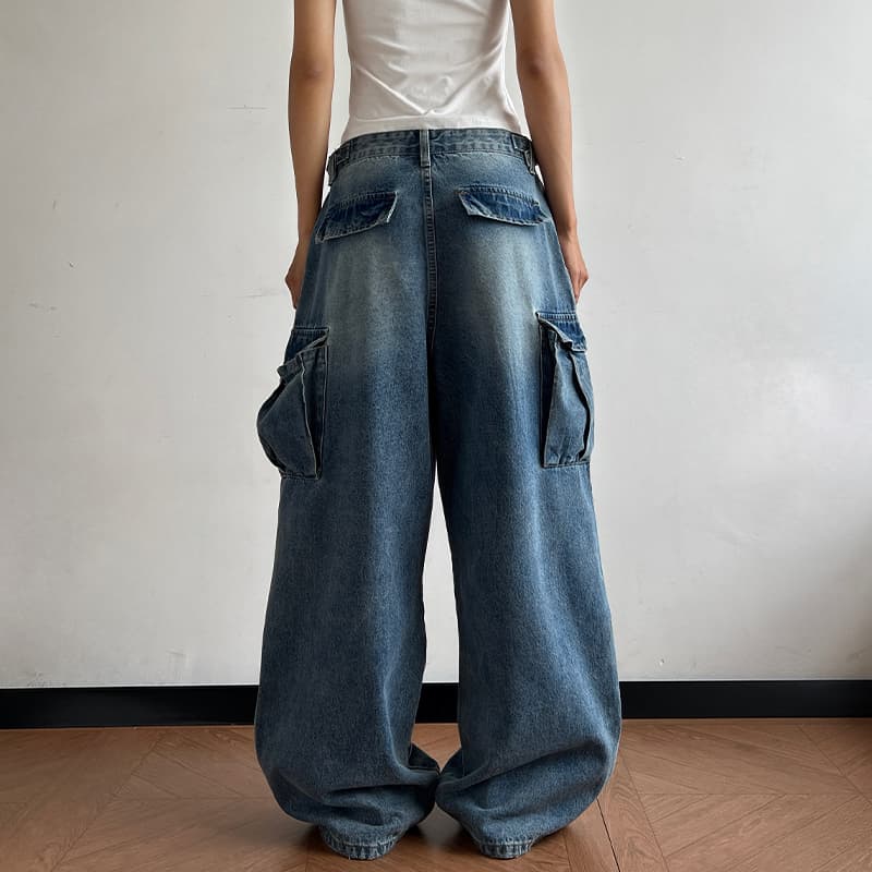 2026 새로운 레트로 블루 워싱 vintage 거리 꼬집기 Pleat 무거운 작업 디자인 넓은 다리 루즈핏 워크웨어 청바지 이미지 2