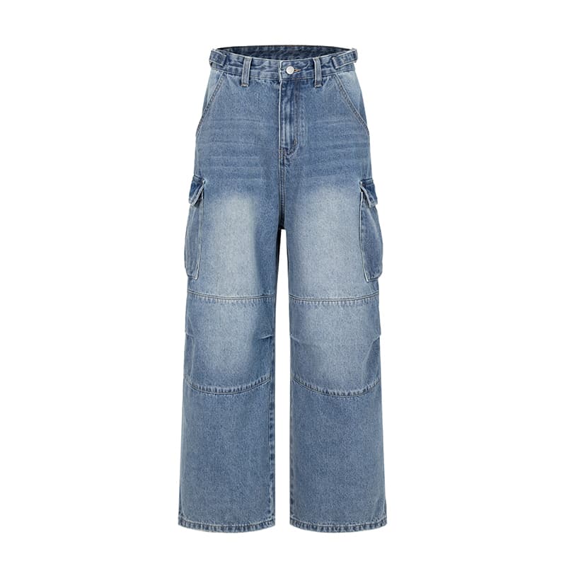 2026 새로운 레트로 블루 워싱 vintage 거리 꼬집기 Pleat 무거운 작업 디자인 넓은 다리 루즈핏 워크웨어 청바지 이미지 5