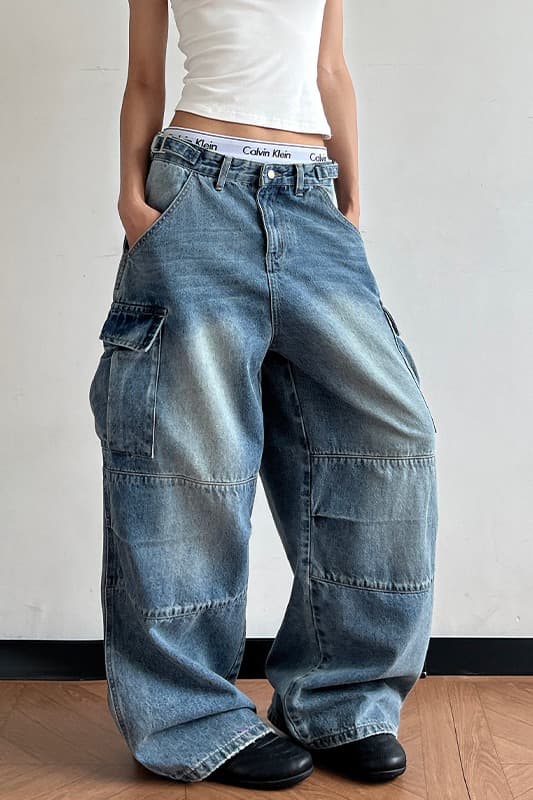 2026 새로운 레트로 블루 워싱 vintage 거리 꼬집기 Pleat 무거운 작업 디자인 넓은 다리 루즈핏 워크웨어 청바지 이미지 6