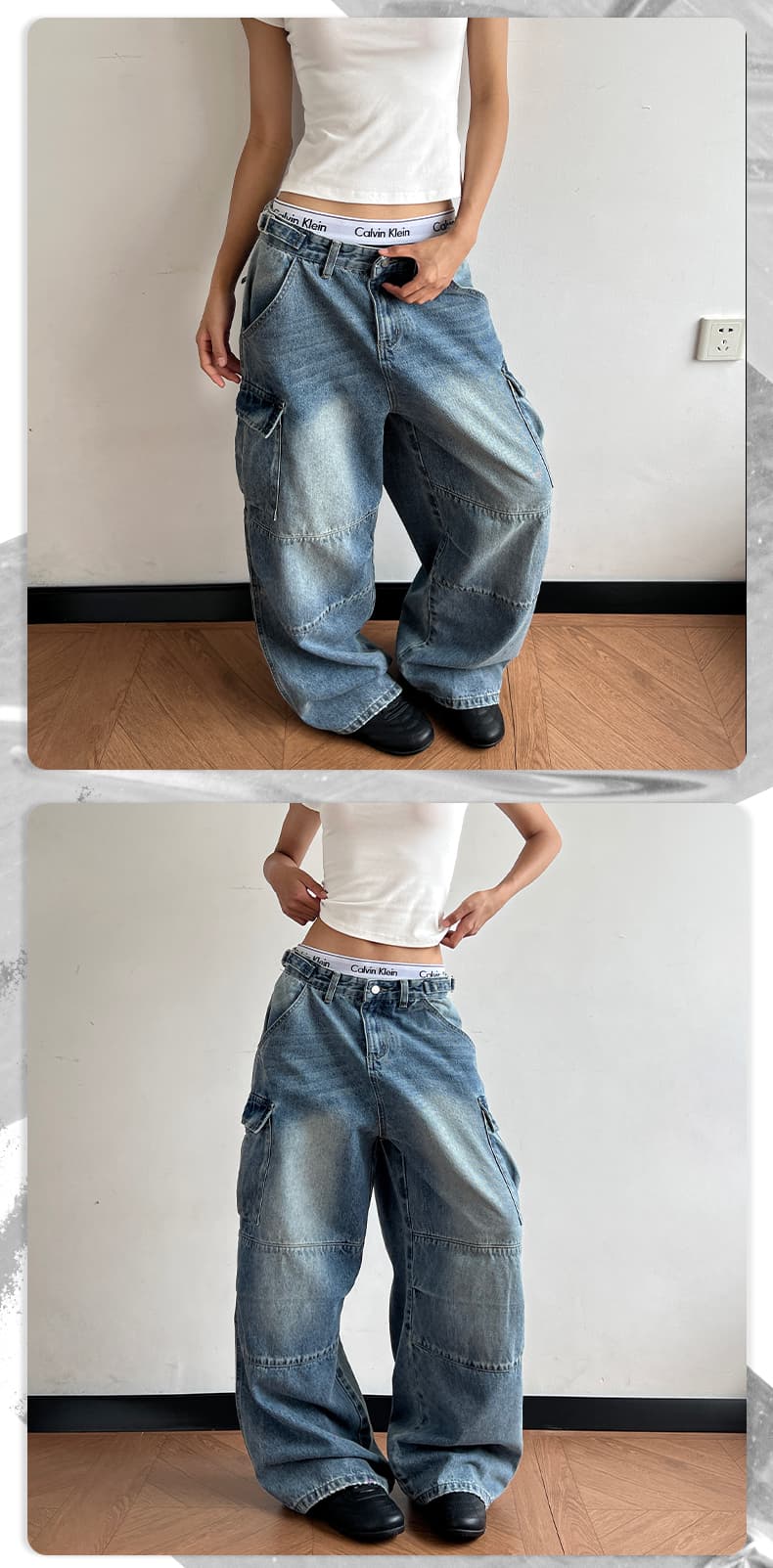 2026 새로운 레트로 블루 워싱 vintage 거리 꼬집기 Pleat 무거운 작업 디자인 넓은 다리 루즈핏 워크웨어 청바지 상세 이미지 9