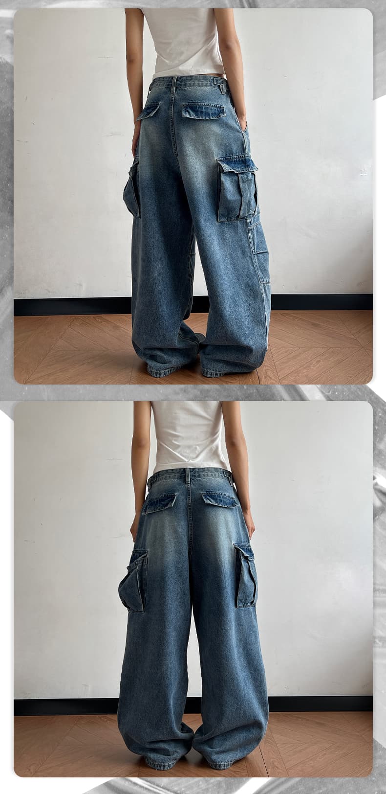 2026 새로운 레트로 블루 워싱 vintage 거리 꼬집기 Pleat 무거운 작업 디자인 넓은 다리 루즈핏 워크웨어 청바지 상세 이미지 11