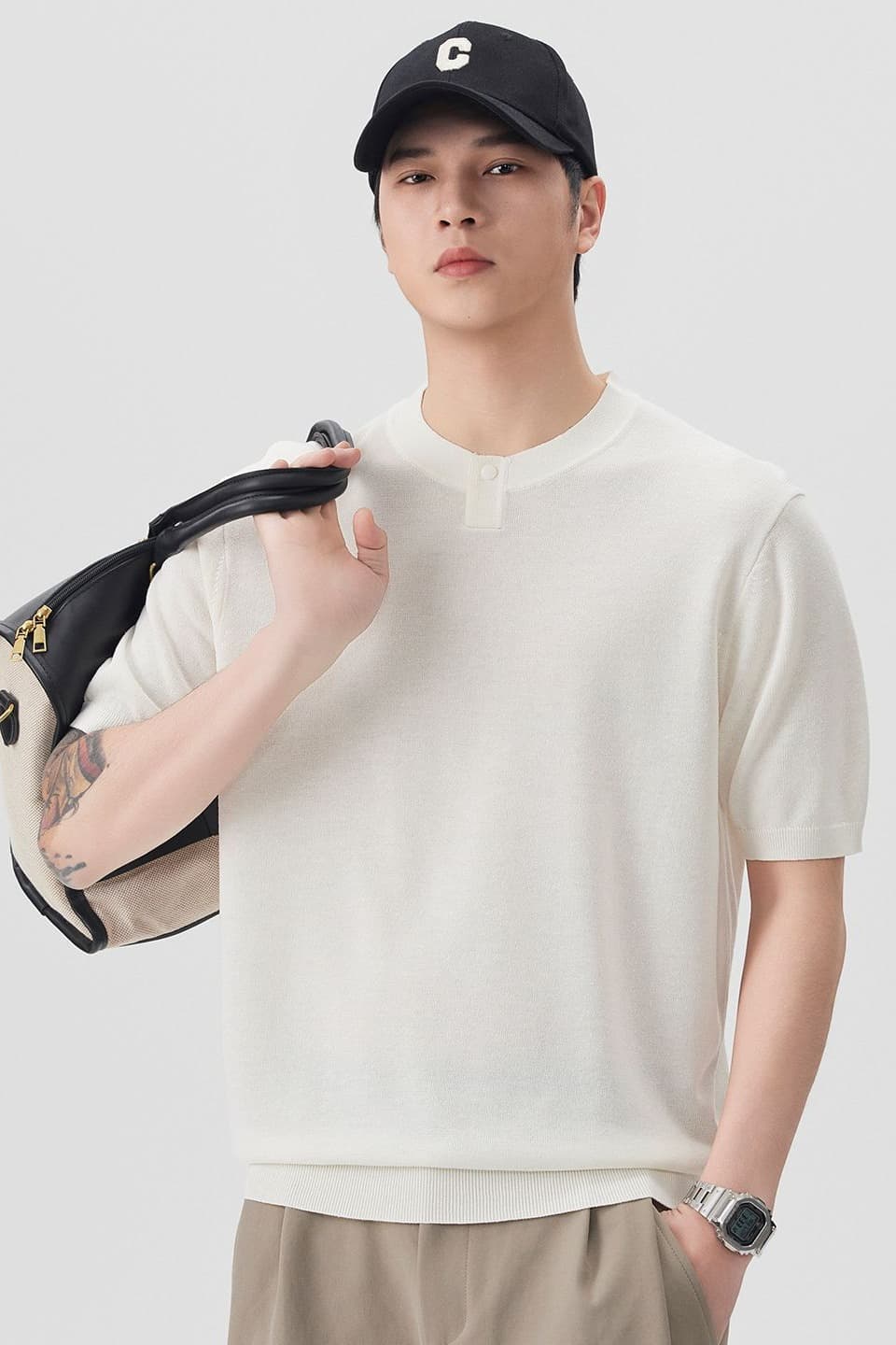 여름 오래된 돈 바람 마 면 반팔 티셔츠 남자 니트 스웨터 라운드 넥 다용도 일본식 레트로 단색 캐주얼 티셔츠 이미지 6