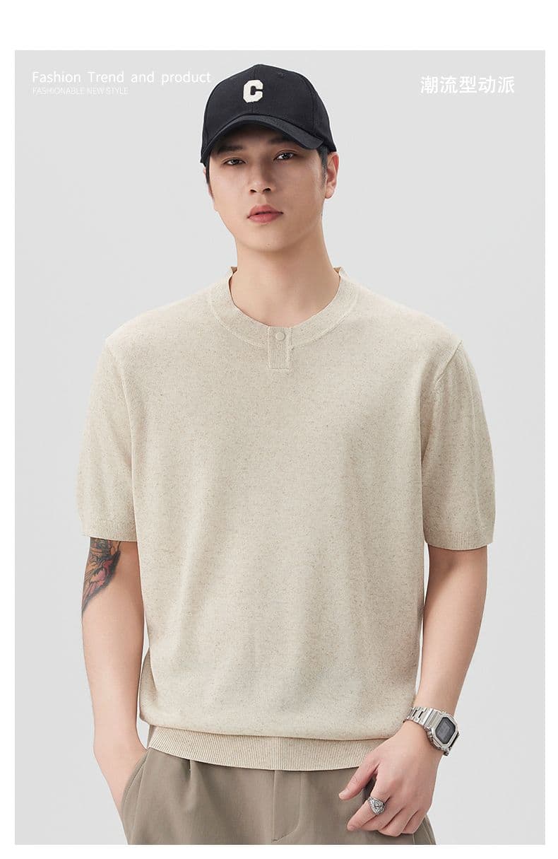 여름 오래된 돈 바람 마 면 반팔 티셔츠 남자 니트 스웨터 라운드 넥 다용도 일본식 레트로 단색 캐주얼 티셔츠 상세 이미지 1