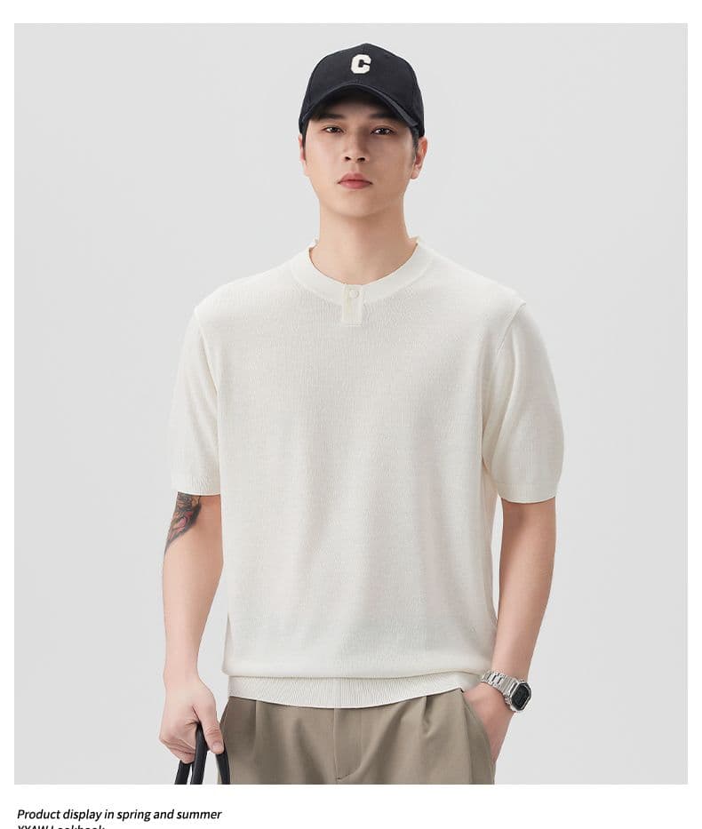 여름 오래된 돈 바람 마 면 반팔 티셔츠 남자 니트 스웨터 라운드 넥 다용도 일본식 레트로 단색 캐주얼 티셔츠 상세 이미지 7