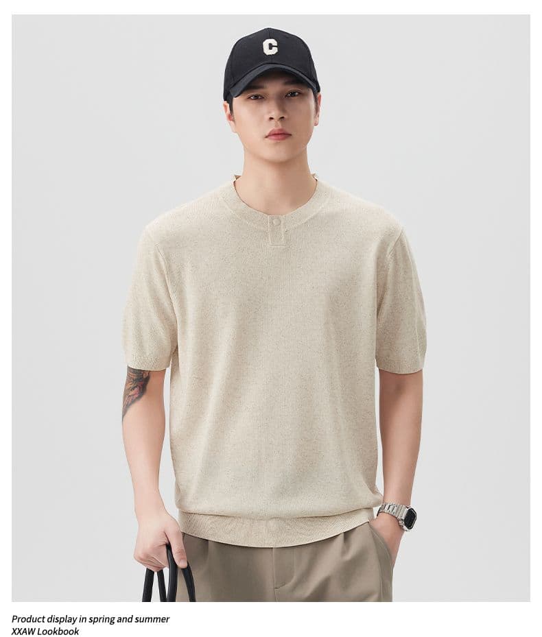여름 오래된 돈 바람 마 면 반팔 티셔츠 남자 니트 스웨터 라운드 넥 다용도 일본식 레트로 단색 캐주얼 티셔츠 상세 이미지 11