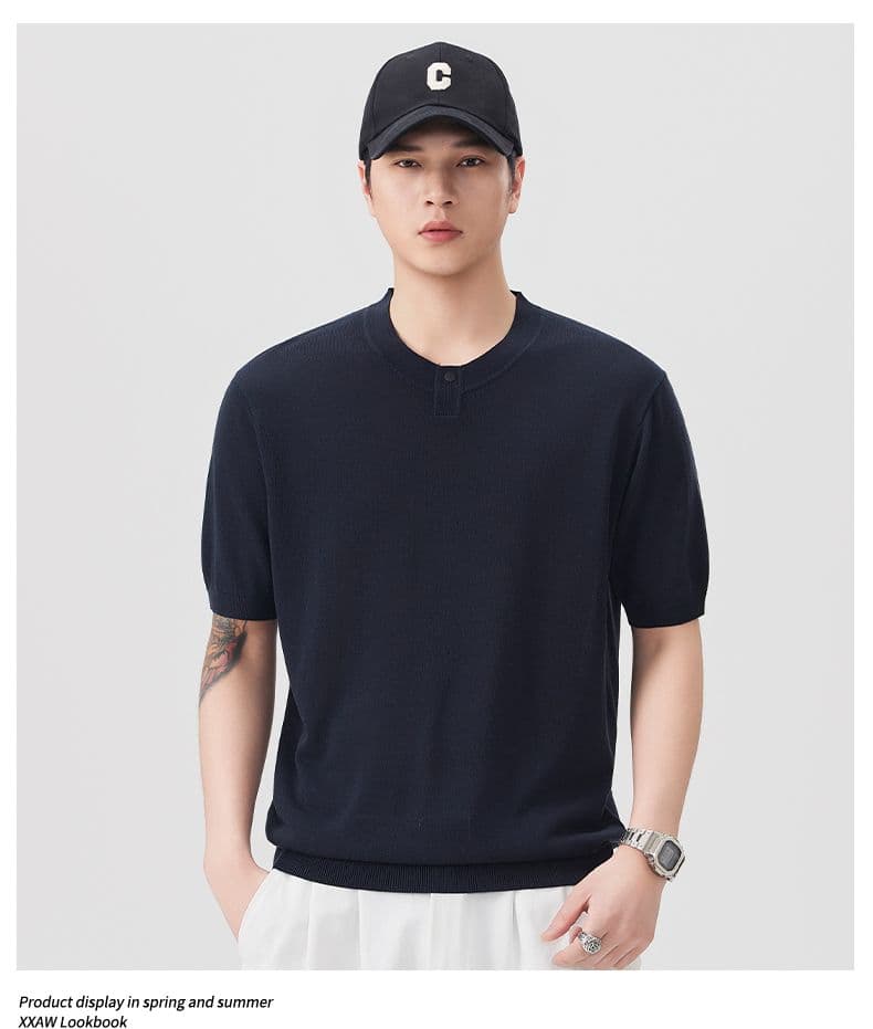 여름 오래된 돈 바람 마 면 반팔 티셔츠 남자 니트 스웨터 라운드 넥 다용도 일본식 레트로 단색 캐주얼 티셔츠 상세 이미지 14