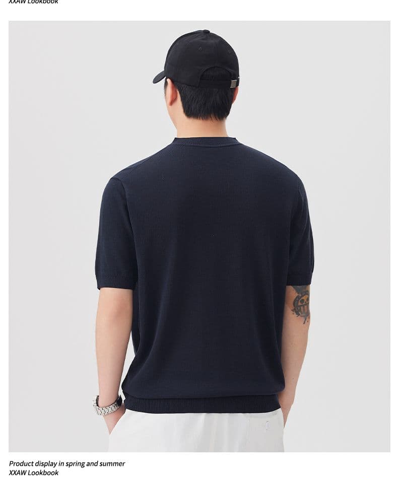 여름 오래된 돈 바람 마 면 반팔 티셔츠 남자 니트 스웨터 라운드 넥 다용도 일본식 레트로 단색 캐주얼 티셔츠 상세 이미지 18