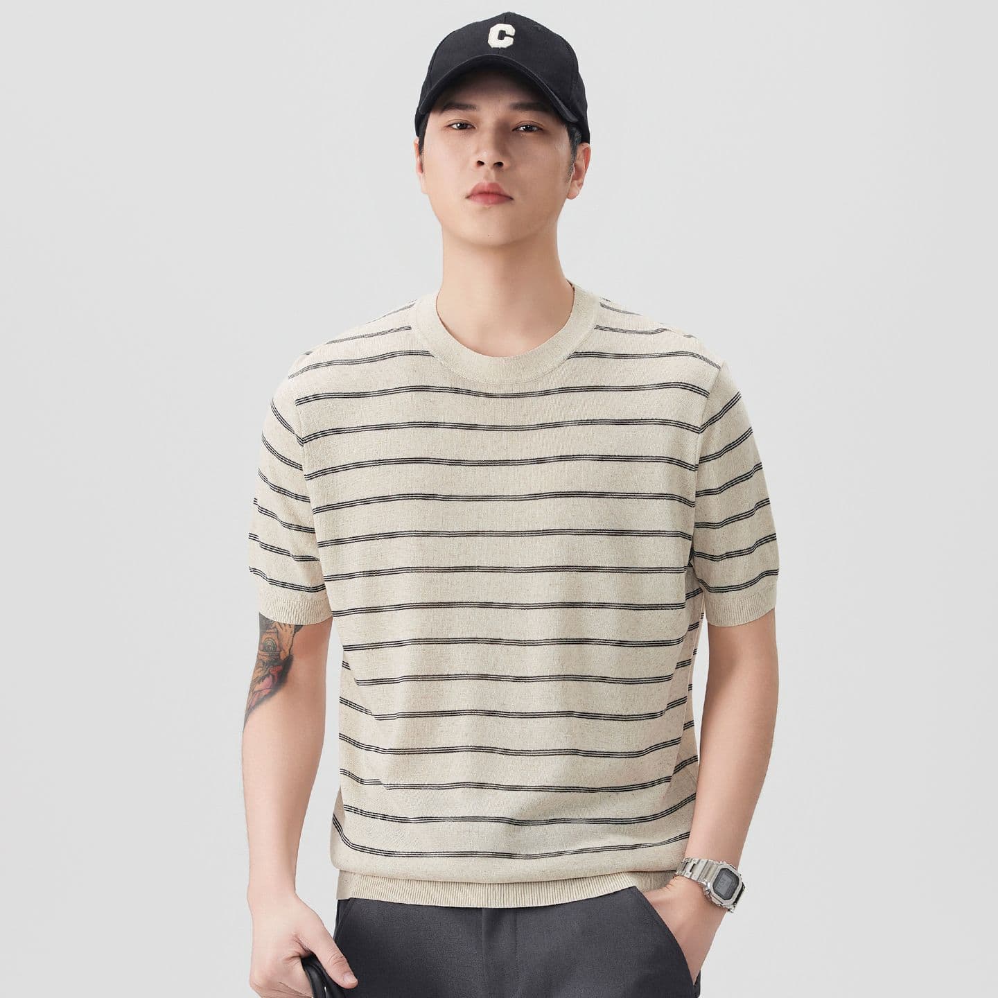 여름 오래된 돈 바람 마 면 반팔 티셔츠 남자 스트라이프 니트 스웨터 티셔츠 일본식 레트로 다용도 라운드 넥 트렌드