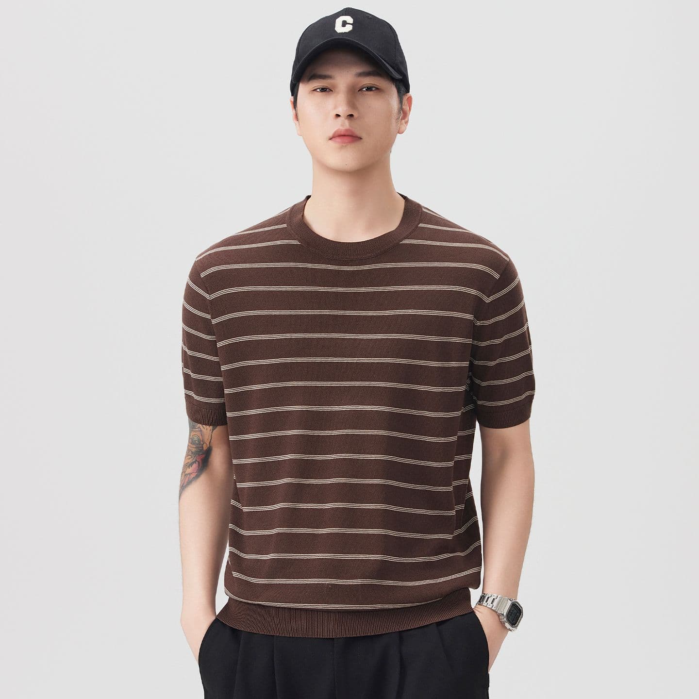 여름 오래된 돈 바람 마 면 반팔 티셔츠 남자 스트라이프 니트 스웨터 티셔츠 일본식 레트로 다용도 라운드 넥 트렌드 이미지 2