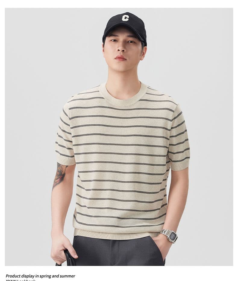 여름 오래된 돈 바람 마 면 반팔 티셔츠 남자 스트라이프 니트 스웨터 티셔츠 일본식 레트로 다용도 라운드 넥 트렌드 상세 이미지 7