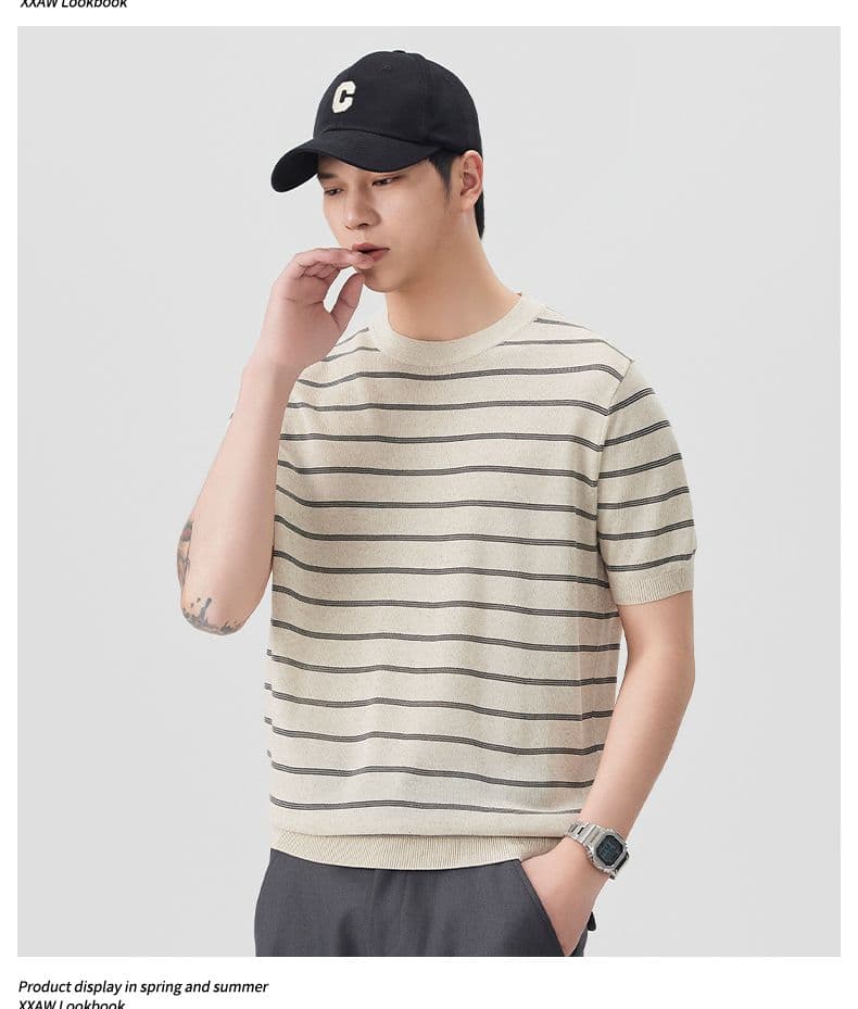 여름 오래된 돈 바람 마 면 반팔 티셔츠 남자 스트라이프 니트 스웨터 티셔츠 일본식 레트로 다용도 라운드 넥 트렌드 상세 이미지 8