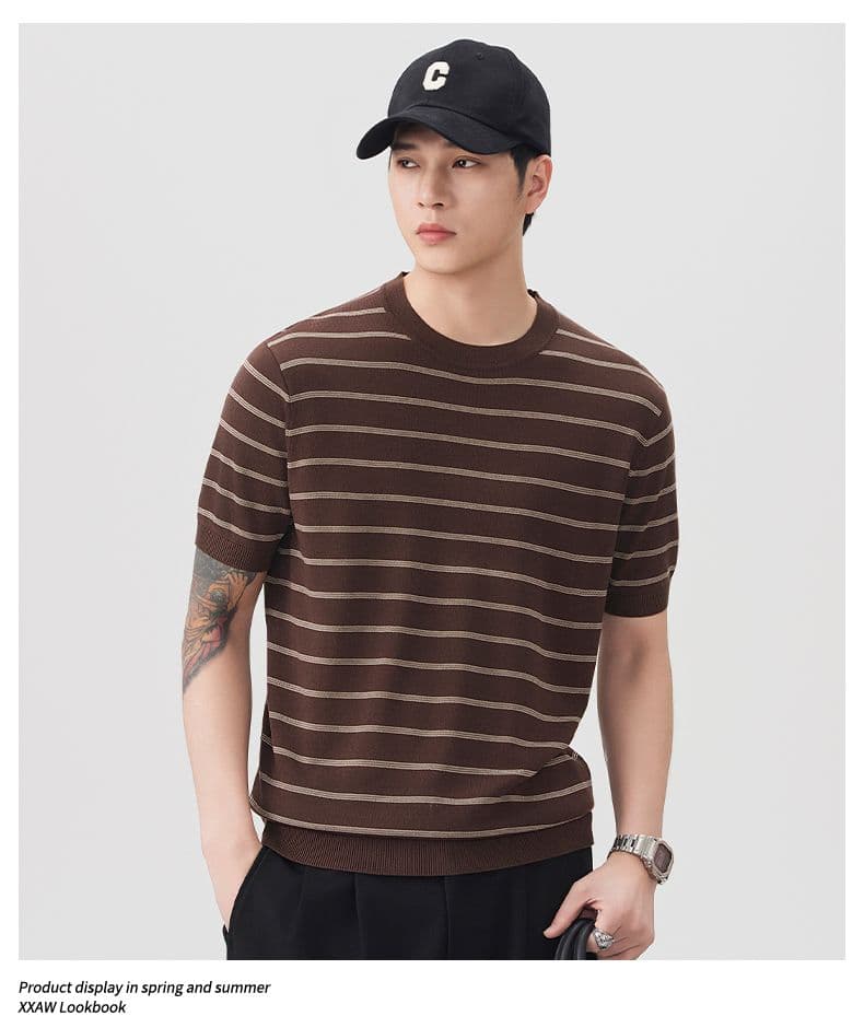 여름 오래된 돈 바람 마 면 반팔 티셔츠 남자 스트라이프 니트 스웨터 티셔츠 일본식 레트로 다용도 라운드 넥 트렌드 상세 이미지 11