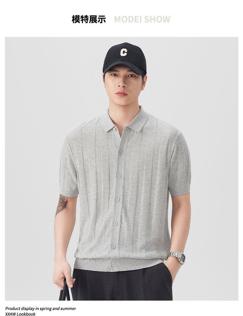 여름 마 면 오래된 돈 바람 폴로 칼라 반팔 니트 스웨터 티셔츠 남자 새로운 일본식 레트로 스트라이프 오픈 가디건 티셔츠 상세 이미지 6