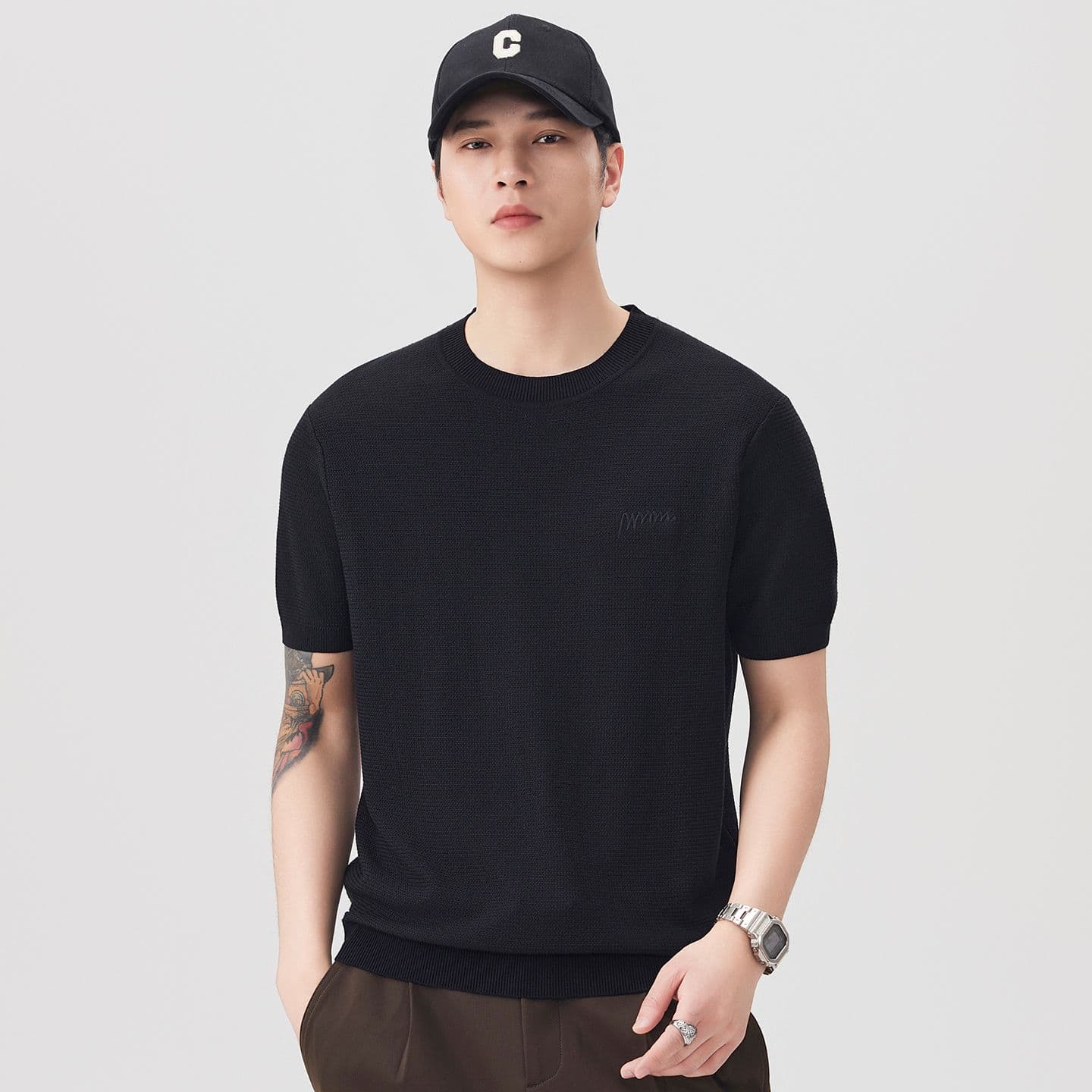 실사 2026 여름 라운드 넥 자수 니트 스웨터 오래된 돈 바람 반팔 티셔츠 남자 새로운 일본식 레트로 동정 이미지 3