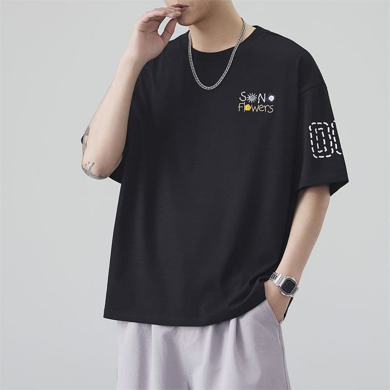 실사 2026 여름 새로운 반팔 티셔츠 남자 면 방직 라운드 넥 프린트 작은 청신 루즈핏 패션 잘 생긴 반팔 t 이미지 4
