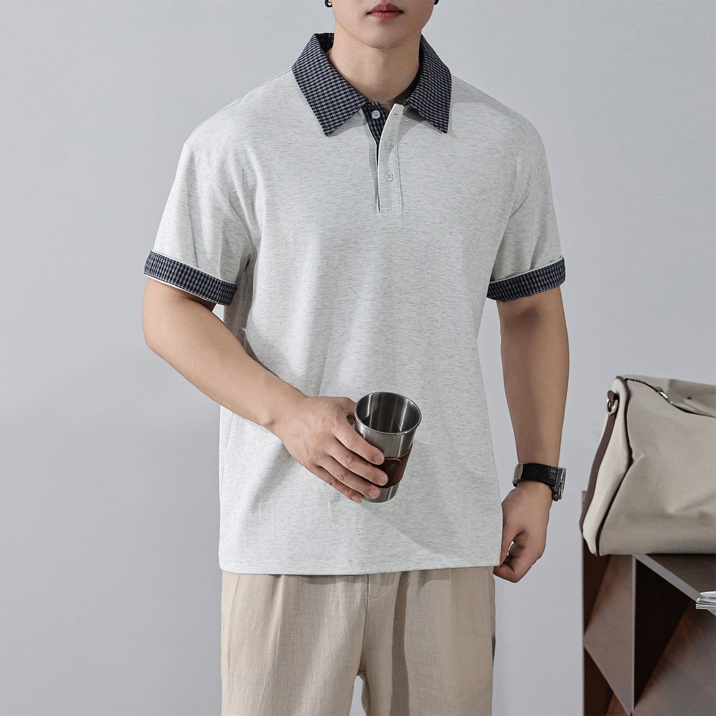 실사 여름 새로운 아메리칸 레트로 페이크 레이어드 셔츠 칼라 POLO 셔츠 남자 루즈핏 조수 브랜드 폴로 칼라 반팔 티셔츠 이미지 3