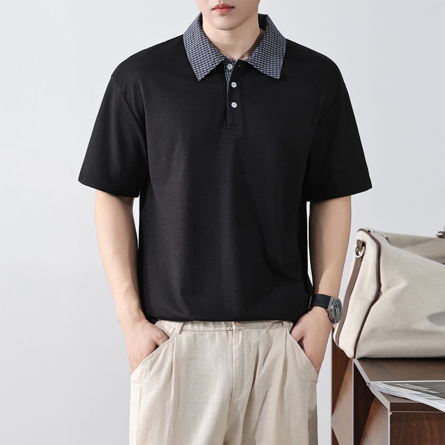 실사 여름 새로운 아메리칸 레트로 페이크 레이어드 셔츠 칼라 POLO 셔츠 남자 루즈핏 조수 브랜드 폴로 칼라 반팔 티셔츠 이미지 4