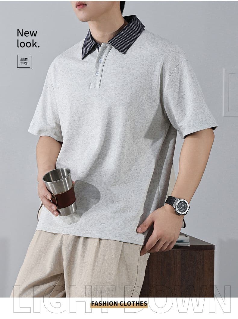 실사 여름 새로운 아메리칸 레트로 페이크 레이어드 셔츠 칼라 POLO 셔츠 남자 루즈핏 조수 브랜드 폴로 칼라 반팔 티셔츠 상세 이미지 1