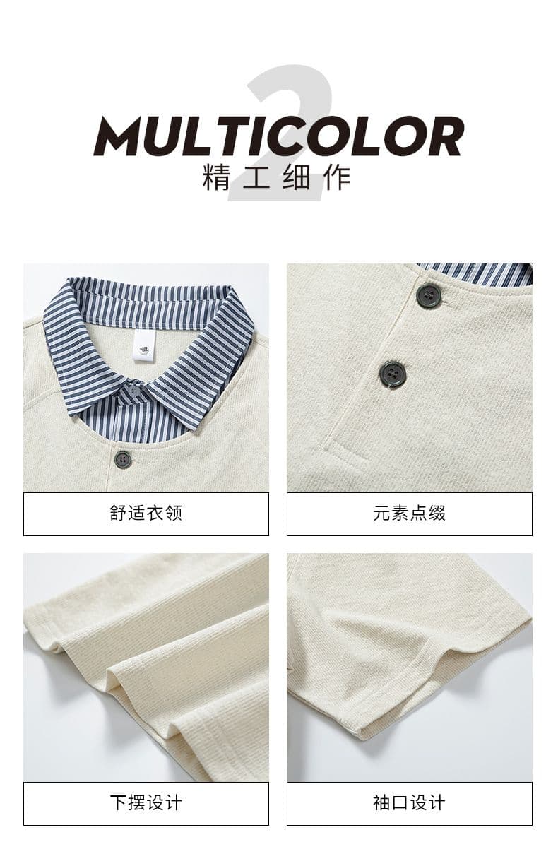 실사 여름 새로운 배색 체크무늬 패치워크 셔츠 칼라 동정 루즈핏 조수 브랜드 페이크 레이어드 반팔 POLO 셔츠 남자 상세 이미지 5