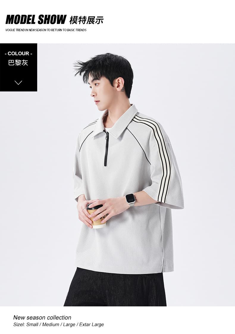 실사 여름 새로운 조수 브랜드 하프 지퍼 미니멀리즘 패치워크 POLO 셔츠 반팔 남자 무거운 폴로 칼라 동정 맨위 상세 이미지 7