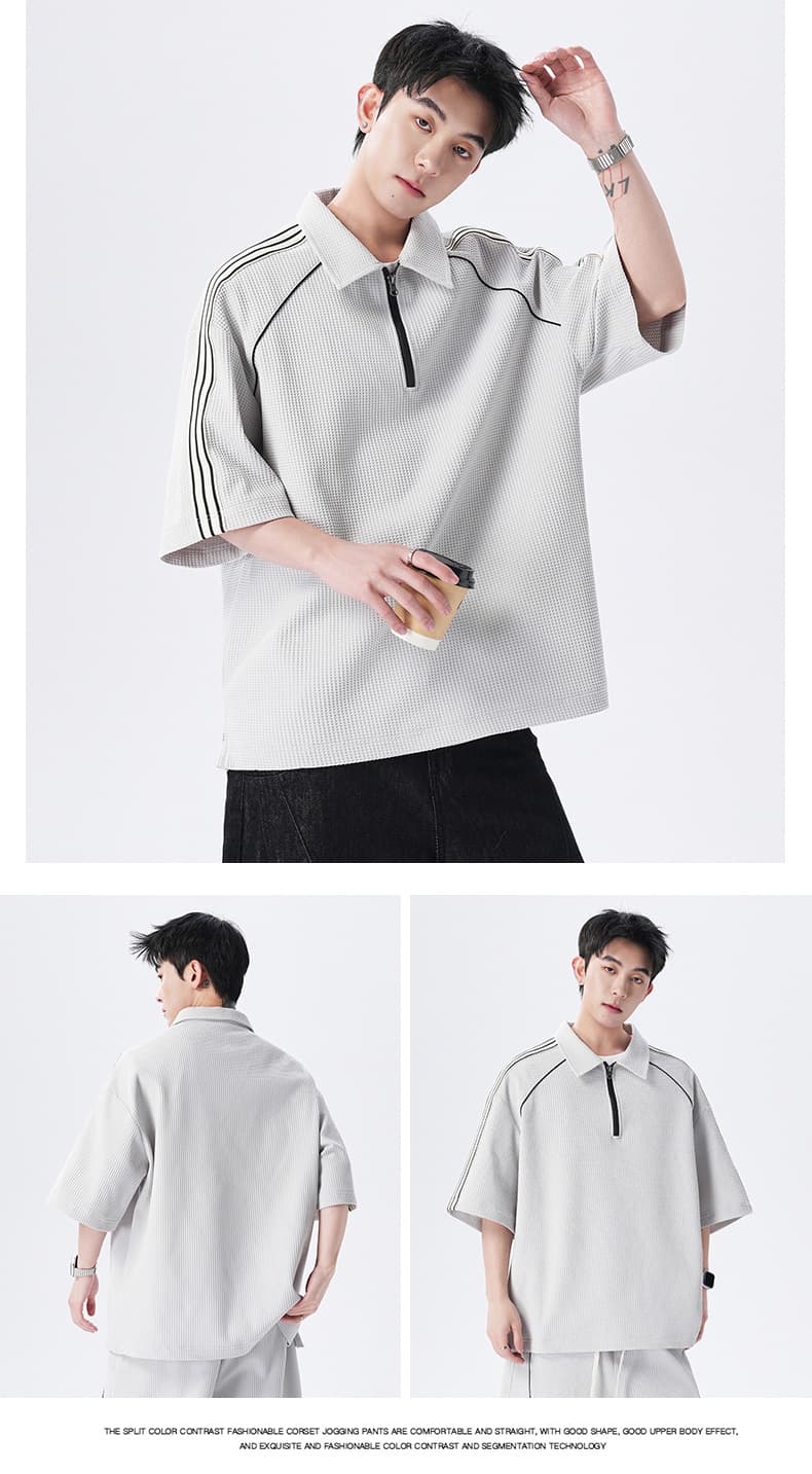 실사 여름 새로운 조수 브랜드 하프 지퍼 미니멀리즘 패치워크 POLO 셔츠 반팔 남자 무거운 폴로 칼라 동정 맨위 상세 이미지 8