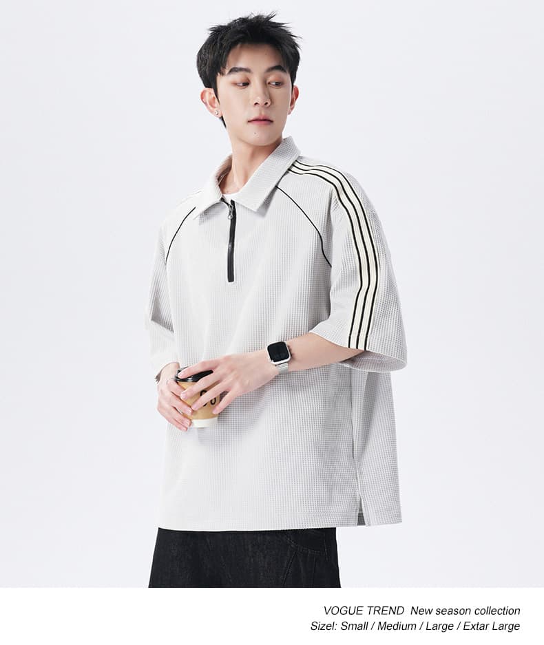 실사 여름 새로운 조수 브랜드 하프 지퍼 미니멀리즘 패치워크 POLO 셔츠 반팔 남자 무거운 폴로 칼라 동정 맨위 상세 이미지 10