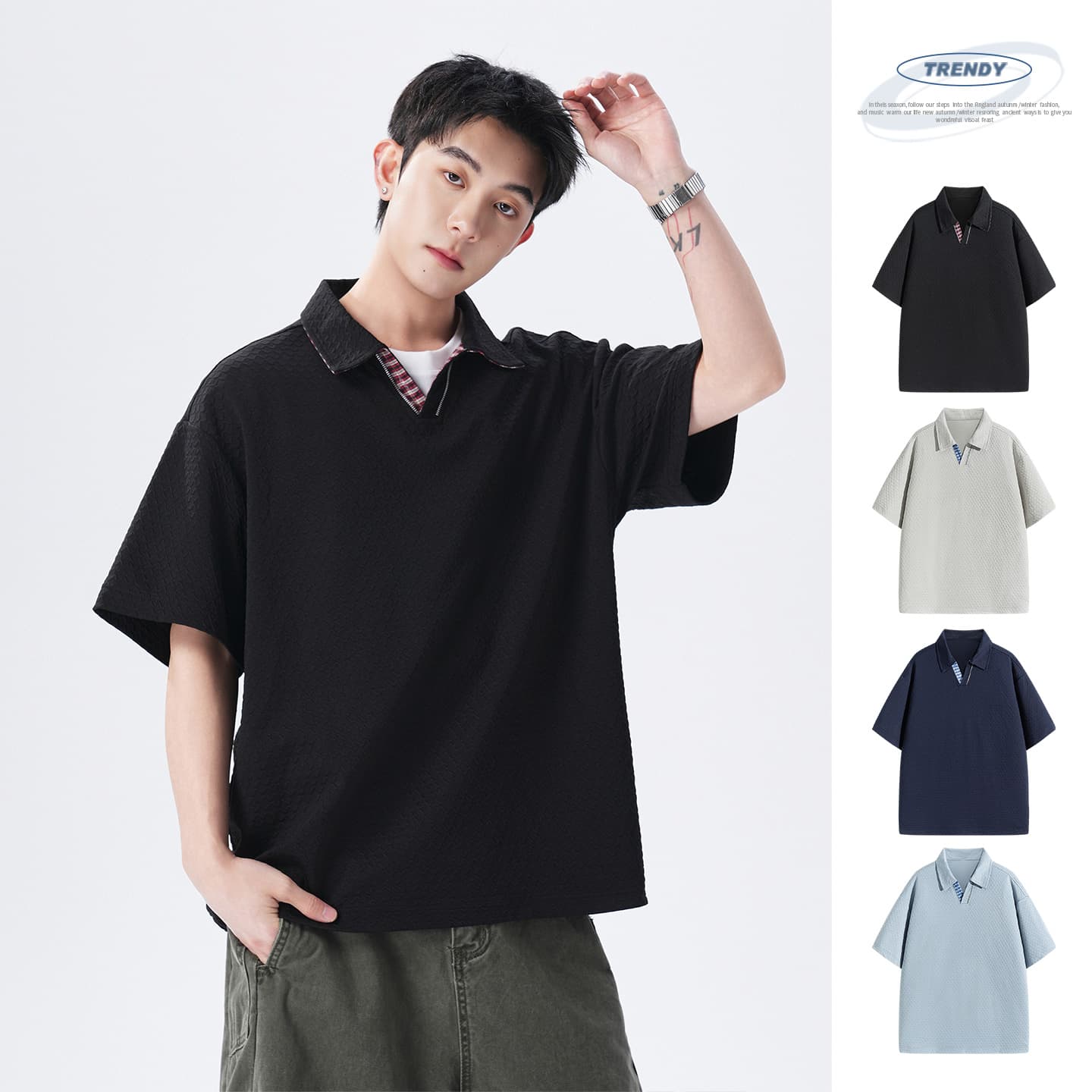 실사 여름 새로운 조수 브랜드 V넥 자카드 POLO 셔츠 반팔 남자 무거운 폴로 칼라 동정 맨위 이미지 3