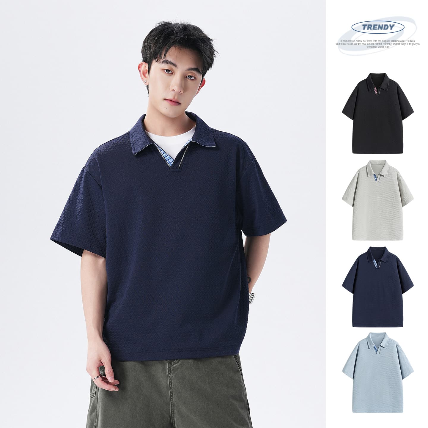 실사 여름 새로운 조수 브랜드 V넥 자카드 POLO 셔츠 반팔 남자 무거운 폴로 칼라 동정 맨위 이미지 4