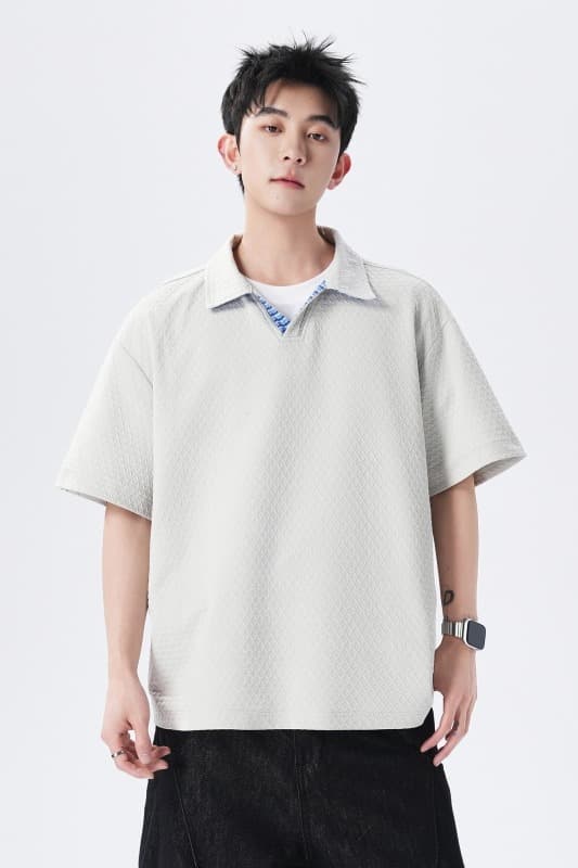 실사 여름 새로운 조수 브랜드 V넥 자카드 POLO 셔츠 반팔 남자 무거운 폴로 칼라 동정 맨위 이미지 6