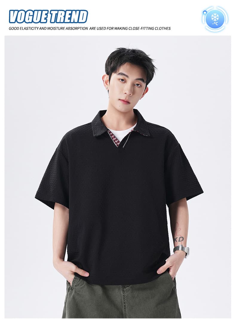 실사 여름 새로운 조수 브랜드 V넥 자카드 POLO 셔츠 반팔 남자 무거운 폴로 칼라 동정 맨위 상세 이미지 1