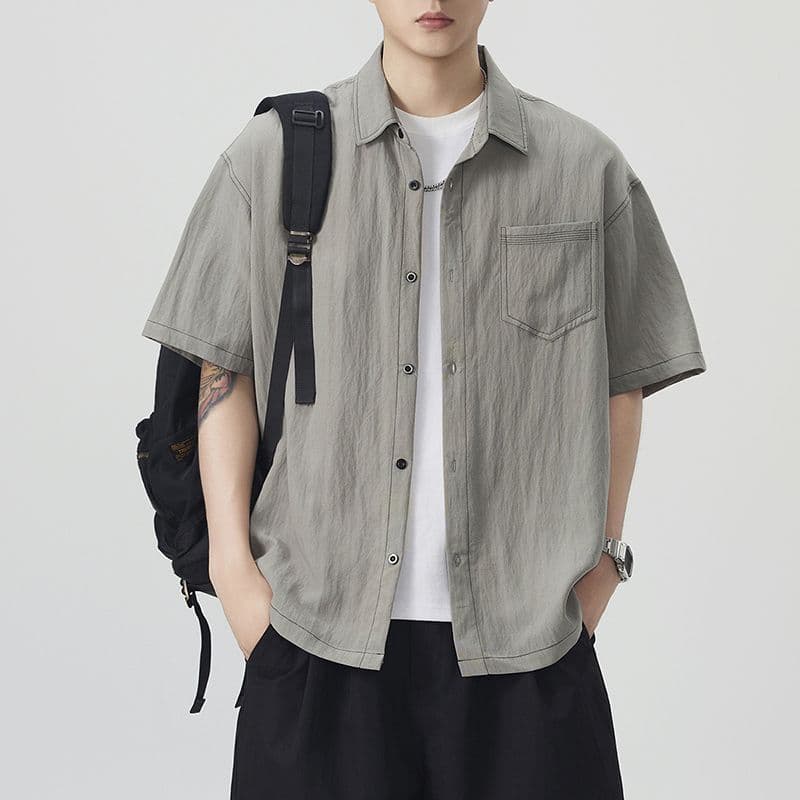 실사 새로운 반팔 셔츠 남자 라이 경기 서울 아마 주간 실크 일본식 루즈핏 작은 청신 단색 미니멀리즘 셔츠 이미지 2
