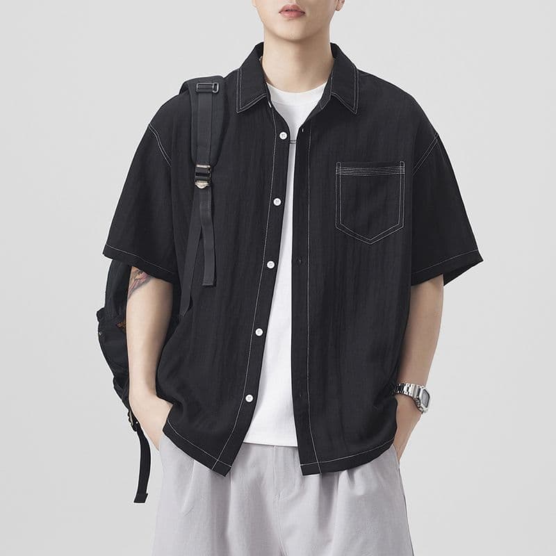 실사 새로운 반팔 셔츠 남자 라이 경기 서울 아마 주간 실크 일본식 루즈핏 작은 청신 단색 미니멀리즘 셔츠 이미지 3