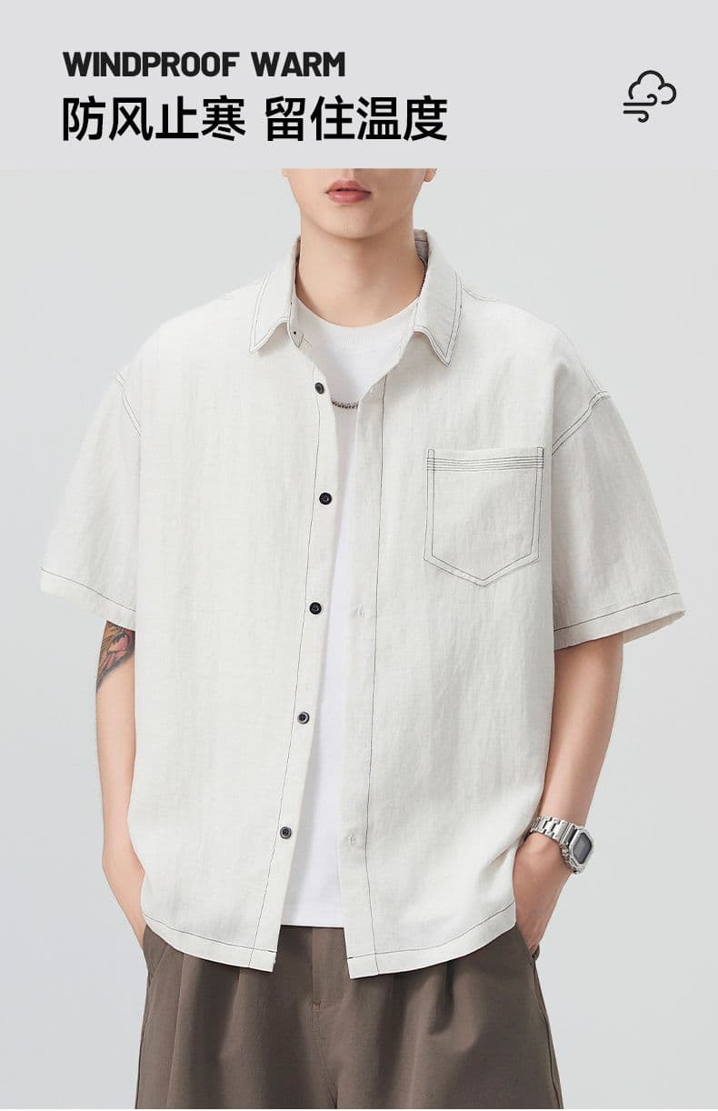 실사 새로운 반팔 셔츠 남자 라이 경기 서울 아마 주간 실크 일본식 루즈핏 작은 청신 단색 미니멀리즘 셔츠 상세 이미지 6