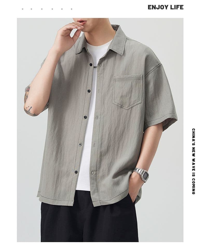 실사 새로운 반팔 셔츠 남자 라이 경기 서울 아마 주간 실크 일본식 루즈핏 작은 청신 단색 미니멀리즘 셔츠 상세 이미지 21