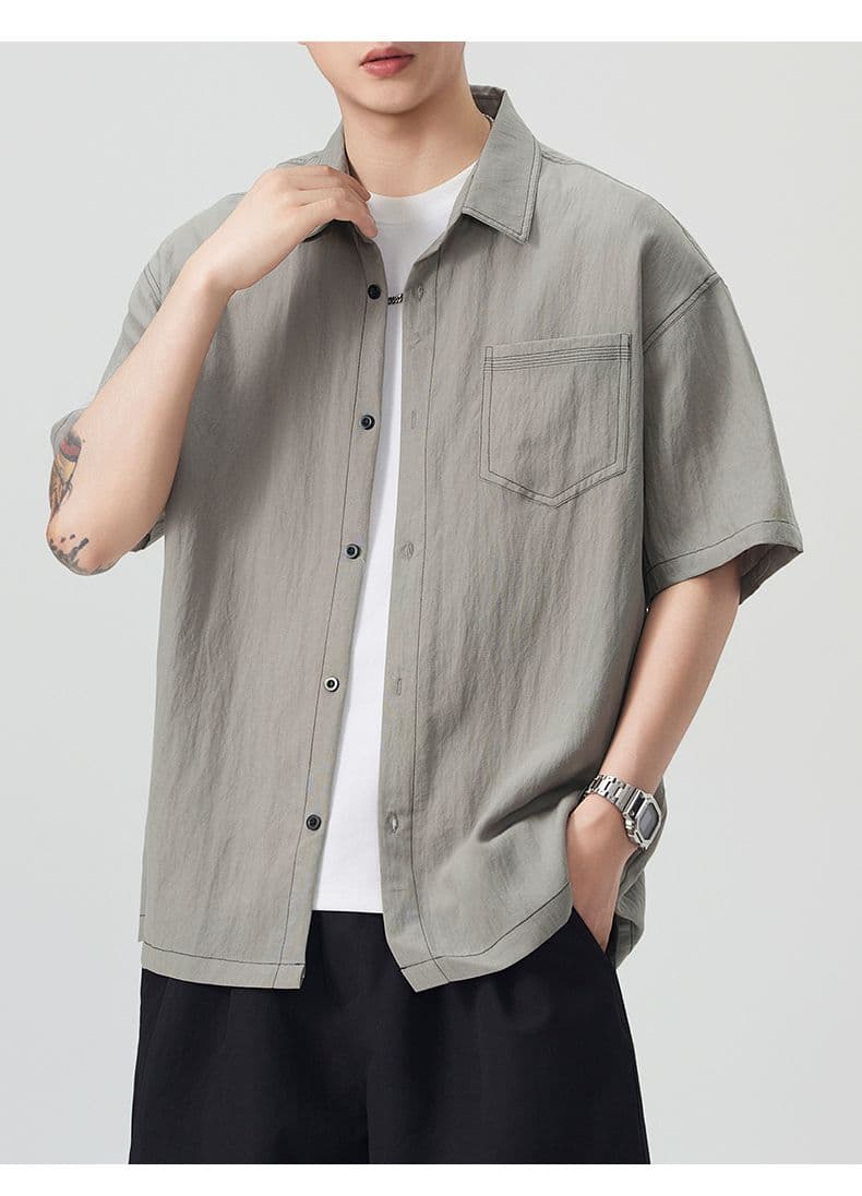 실사 새로운 반팔 셔츠 남자 라이 경기 서울 아마 주간 실크 일본식 루즈핏 작은 청신 단색 미니멀리즘 셔츠 상세 이미지 22