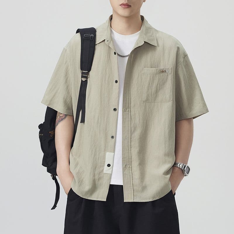 실사 여름 새로운 반팔 셔츠 남자 라이 경기 서울 아마 주간 실크 일본식 루즈핏 단색 미니멀리즘 셔츠 이미지 3