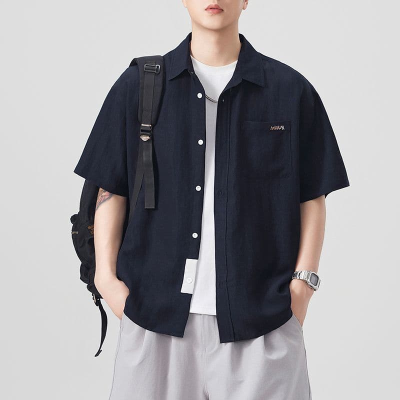 실사 여름 새로운 반팔 셔츠 남자 라이 경기 서울 아마 주간 실크 일본식 루즈핏 단색 미니멀리즘 셔츠 이미지 4