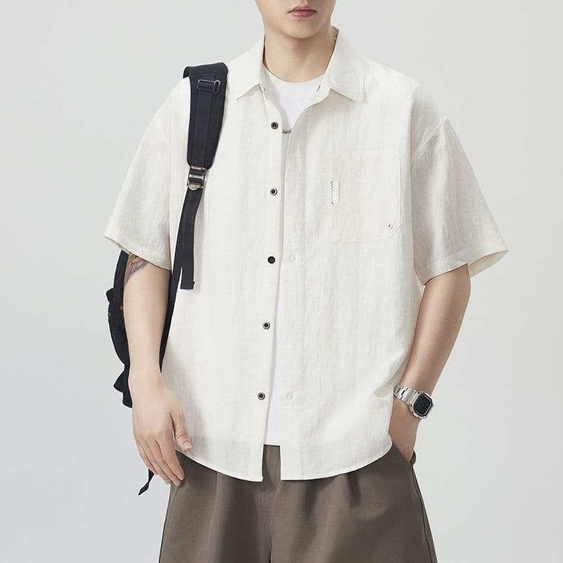 실사 여름 새로운 오래된 돈 바람 반팔 셔츠 남자 라이 경기 서울 아마 주간 실크 루즈핏 단색 미니멀리즘 셔츠