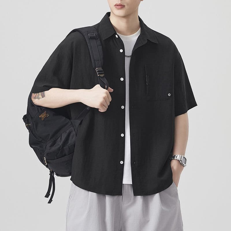 실사 여름 새로운 오래된 돈 바람 반팔 셔츠 남자 라이 경기 서울 아마 주간 실크 루즈핏 단색 미니멀리즘 셔츠 이미지 3