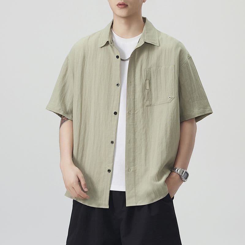 실사 여름 새로운 오래된 돈 바람 반팔 셔츠 남자 라이 경기 서울 아마 주간 실크 루즈핏 단색 미니멀리즘 셔츠 이미지 4