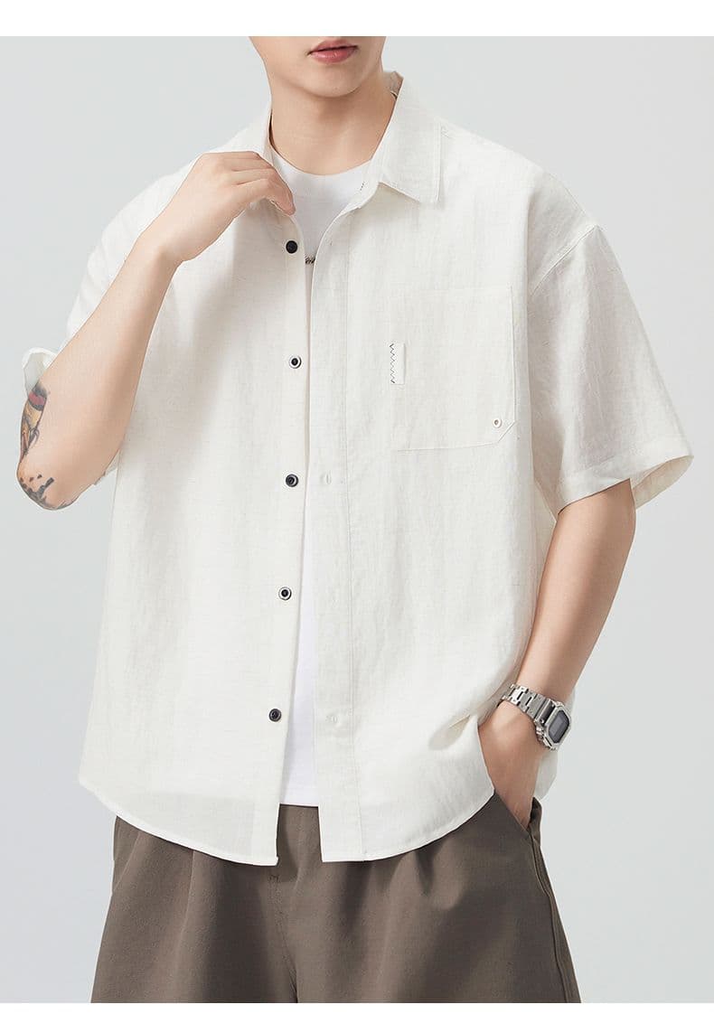 실사 여름 새로운 오래된 돈 바람 반팔 셔츠 남자 라이 경기 서울 아마 주간 실크 루즈핏 단색 미니멀리즘 셔츠 상세 이미지 17